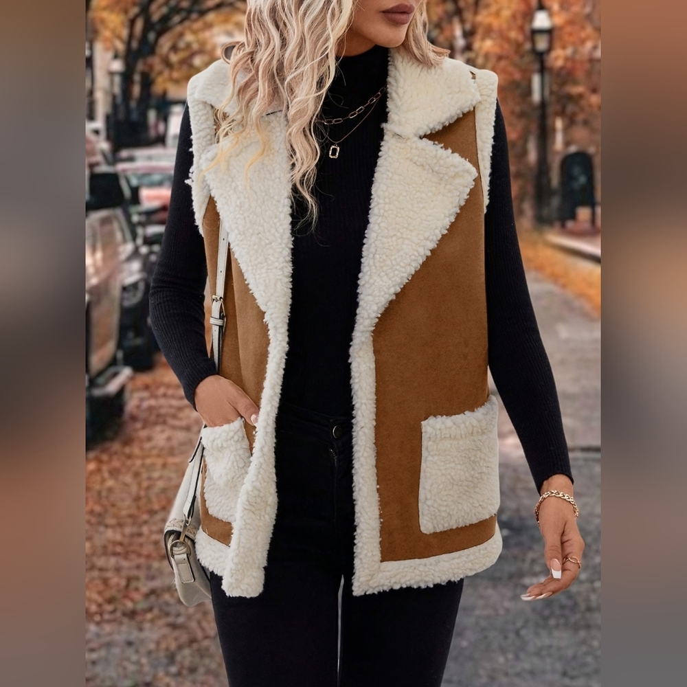 Women's Brown and Cream Sherpa Vest - Picture 3 of 9